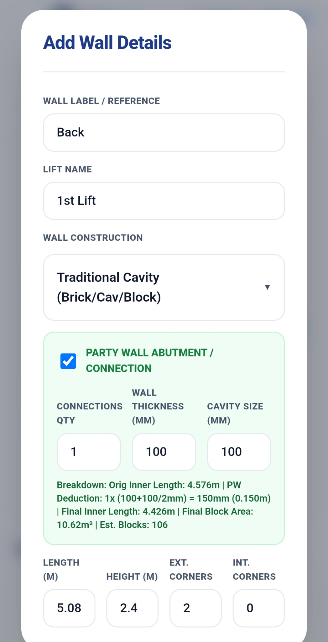 TallyTrowel Traditional Cavity party wall calculation