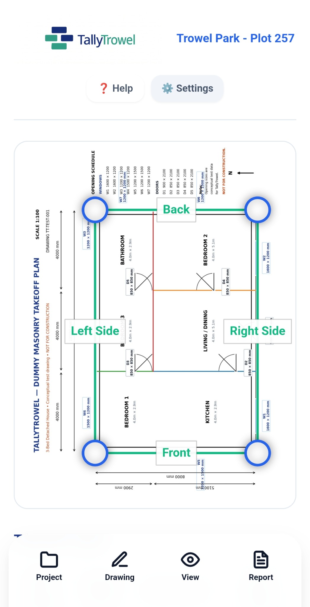 TallyTrowel building plan with traced walls, wall labels and opening schedule