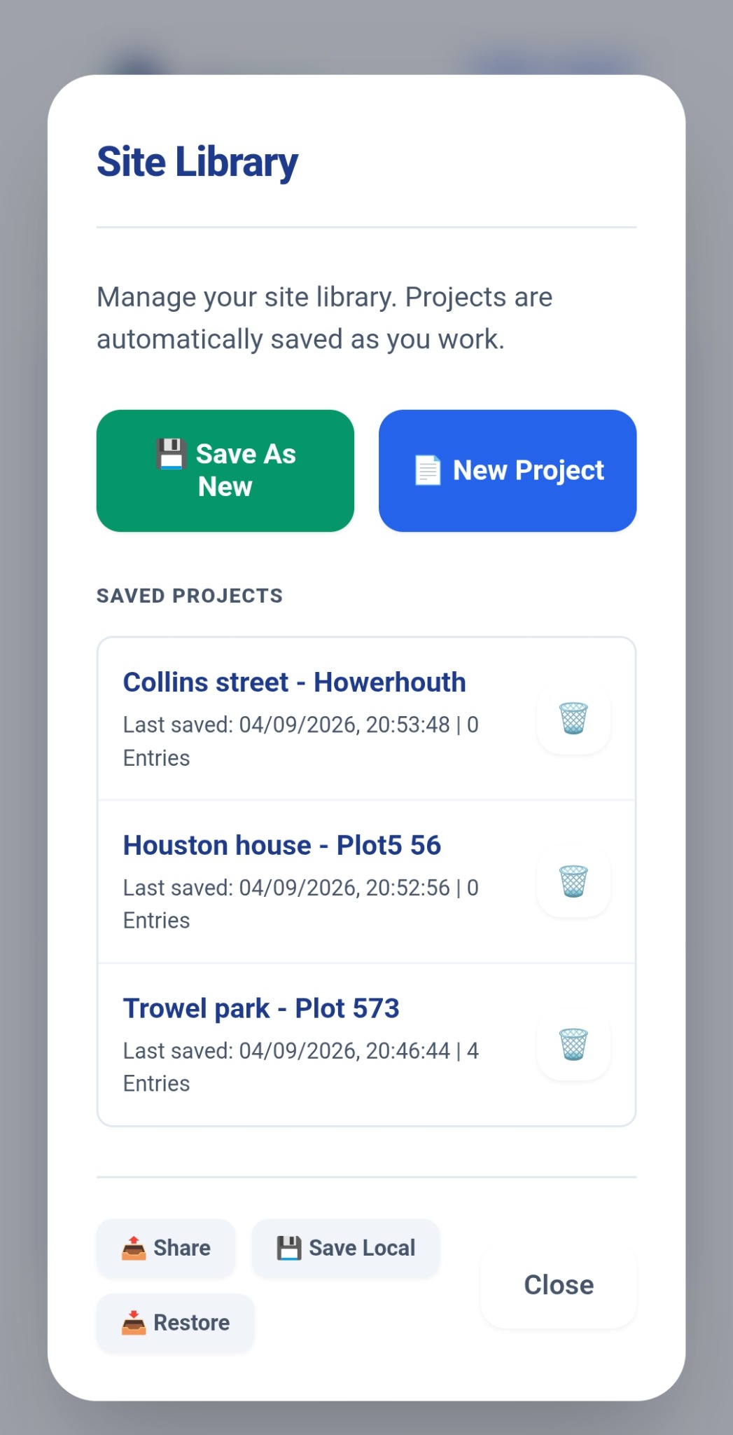 TallyTrowel Site Library showing saved projects
