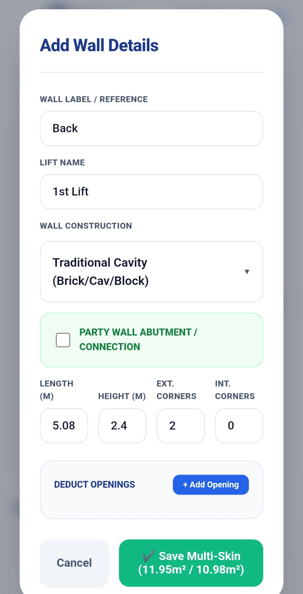 TallyTrowel wall details and construction screen